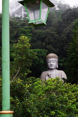 a Buddha stone statue at Chin Swee Caves Temple, Malaysia, surrounded and covered by green trees in the mountain