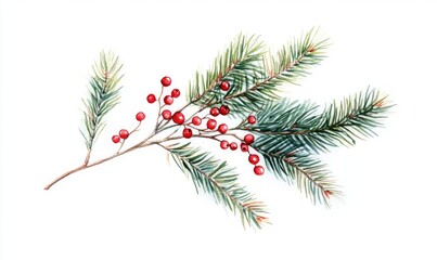 A watercolor painting of a Christmas tree branch with red berries