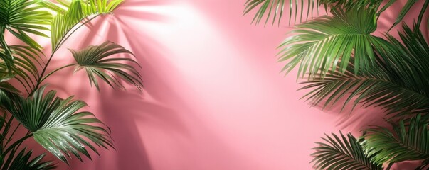 Lush green palm leaves on a soft pink background creating a tropical and vibrant atmosphere