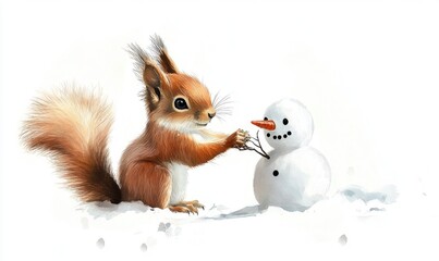 A squirrel is holding a carrot in its mouth and standing next to a snowman