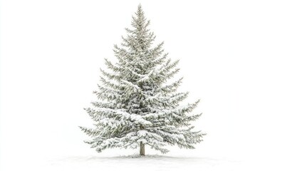 Fototapeta premium A snow covered pine tree stands alone in a field