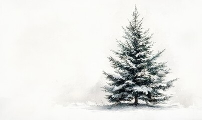 A snow covered pine tree stands alone in a white background