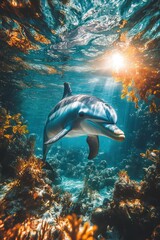 Fototapeta premium Dolphin Swimming Beneath Sunlit Ocean Surface – Stunning Underwater Wildlife Scene with Vibrant Coral Reefs