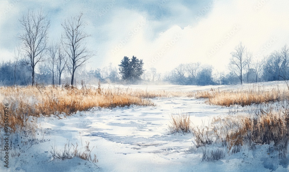 Poster a painting of a snowy field with a river running through it