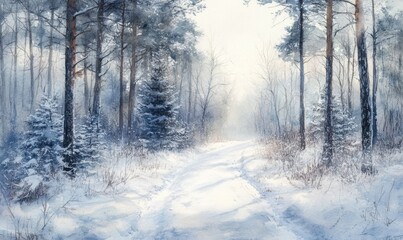 Obraz premium A painting of a snowy forest with a path through it
