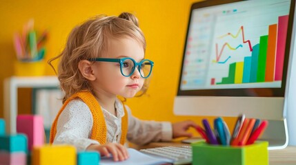 A child playing the role of a data analyst, examining toy charts and graphs on a miniature computer,