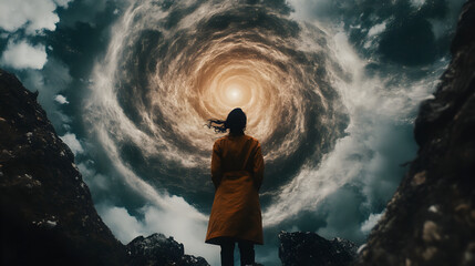 Obraz premium Person Standing in Front of a Cosmic Swirling Vortex in the Sky, Surrounded by Mountains and Looking Towards the Glowing Light of the Unknown