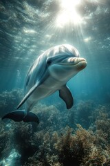 Fototapeta premium Dolphin Swimming Beneath Sunlit Ocean Surface – Stunning Underwater Wildlife Scene with Vibrant Coral Reefs