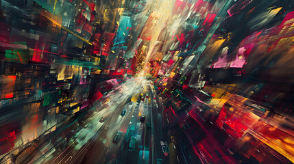 Fototapeta premium Futuristic Urban Speed Scene with Vibrant Colors and Motion Blur Showing the Fast-Paced Movement of Cars Through a Digital Cityscape