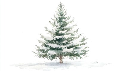A snow covered pine tree is the main focus of the image
