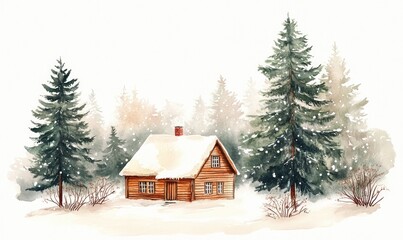 A cabin is surrounded by trees and snow