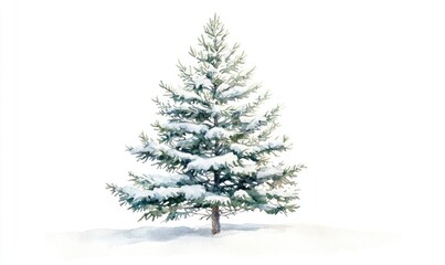 A snow covered pine tree stands alone in a field