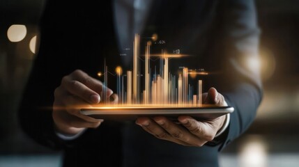 Businessman using tablet analyzing sales data and economic growth graph chart. Business strategy. Abstract icon. Digital marketing.