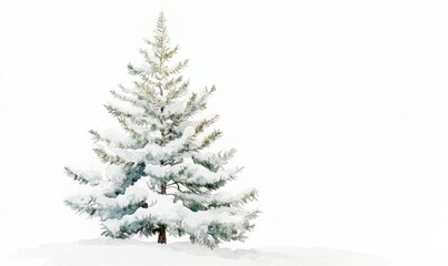 A snow covered pine tree stands alone in a field