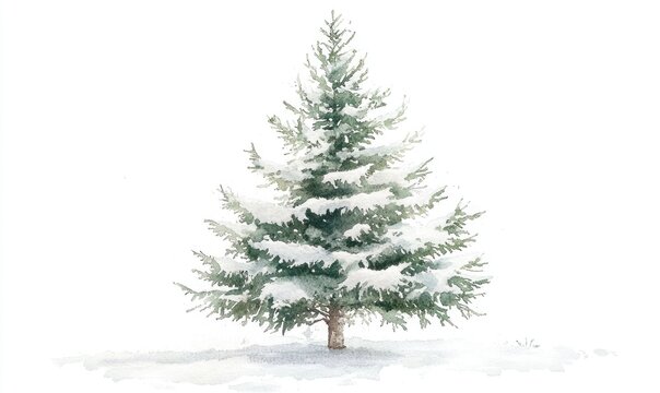 A snow covered pine tree is the main focus of the image