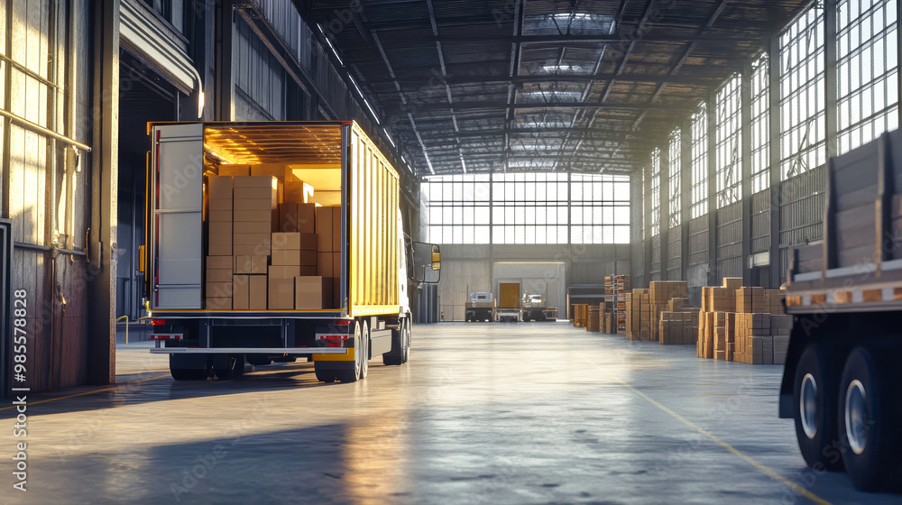 Poster a truck stands with open doors, efficiently loading and unloading boxes in a vast warehouse filled w