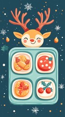 Festive illustration of a cheerful reindeer holding a tray of seasonal treats, perfect for holiday celebrations.