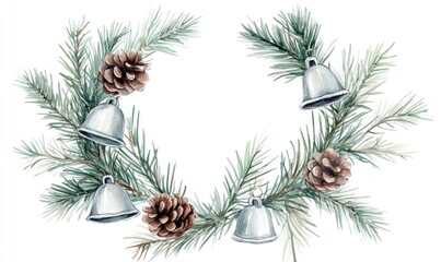 A wreath of pine branches with bells hanging from it
