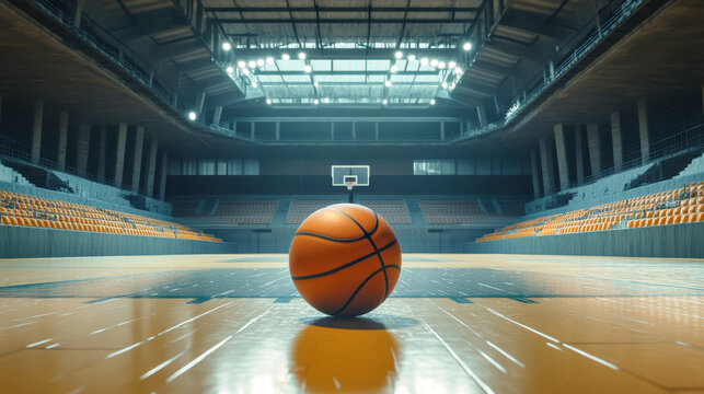 A vibrant basketball rests in the center of a sleek court within an unoccupied arena, illuminated by bright lights from above, evoking a sense of anticipation