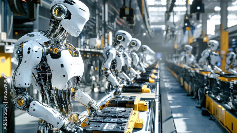 Poster in a vibrant factory, advanced robots collaborate on assembly lines, expertly crafting intricate pro