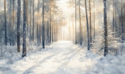 A painting of a snowy forest with a path through it