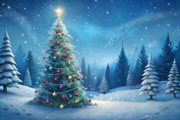 Christmas Tree in Snowy Forest with Colorful Ornaments and Starry Sky