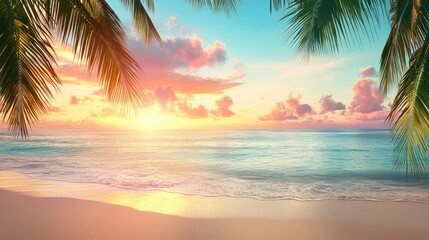 Obraz premium A beach scene with palm trees, crystal-clear waters, and a vibrant sunset, capturing the essence of summer vacation and relaxation. Room for text on the sky.