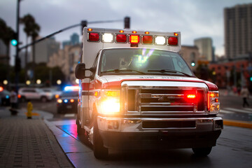 An ambulance with lights activated and a police car behind it  in an urban environment