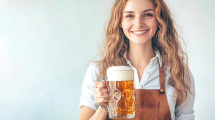 A joyful woman in an apron holds a large beer mug, radiating warmth and festive spirit, perfect for Oktoberfest celebrations amidst a light background
