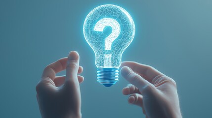 A glowing light bulb with a question mark, symbolizing ideas, creativity, and searching for answers in the modern world.