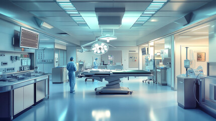 In a sleek and shiny operating room, surgeons and nurses collaborate seamlessly, surrounded by advanced medical technology, focused on saving lives