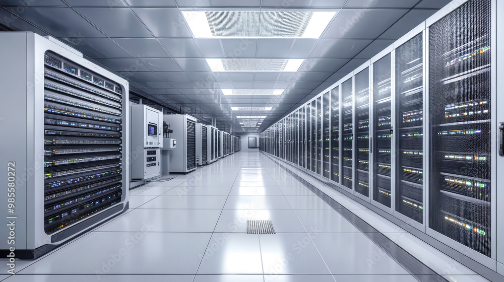 Poster explore the vibrant environment of a modern data center, where rows of humming servers and advanced 