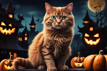 Fototapeta premium Halloween Cat with Pumpkin at Night