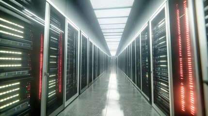 Step into a sleek server room illuminated by glowing lights, where rows of servers hum busily, embodying the heartbeat of contemporary data management