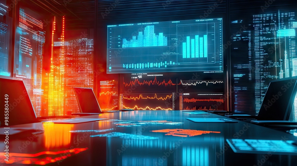 Poster a boardroom setting with scientific tools and data charts on the table, representing the intersectio