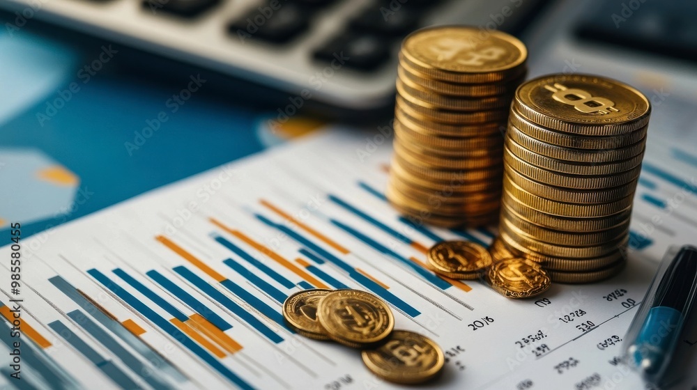Poster a stack of gold coins sits on top of a graph with a pen