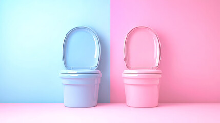 Two creatively designed portable toilet-bidets stand side by side, adorned in soothing pastel colors, creating an inviting and playful atmosphere