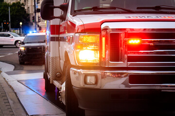 Close up of an ambulance with lights activated and a police car behind it  in an urban environment
