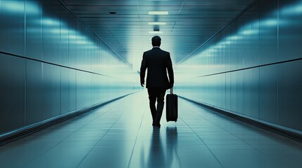 Fototapeta premium A businessman with a suitcase walking through an airport corridor, heading toward his next destination. Ideal for business travel themes.