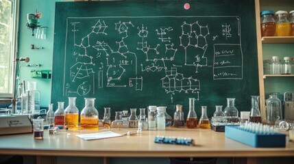 A chalkboard filled with complex chemical equations and molecular diagrams, surrounded by lab glassware.