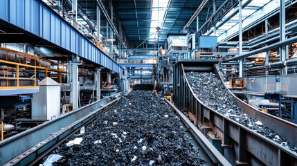The recycling facility features a central iron belt transporting black waste material amidst a backdrop of blue metal and gray steel structures