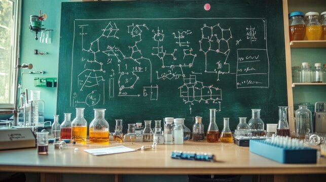 A chalkboard filled with complex chemical equations and molecular diagrams, surrounded by lab glassware.