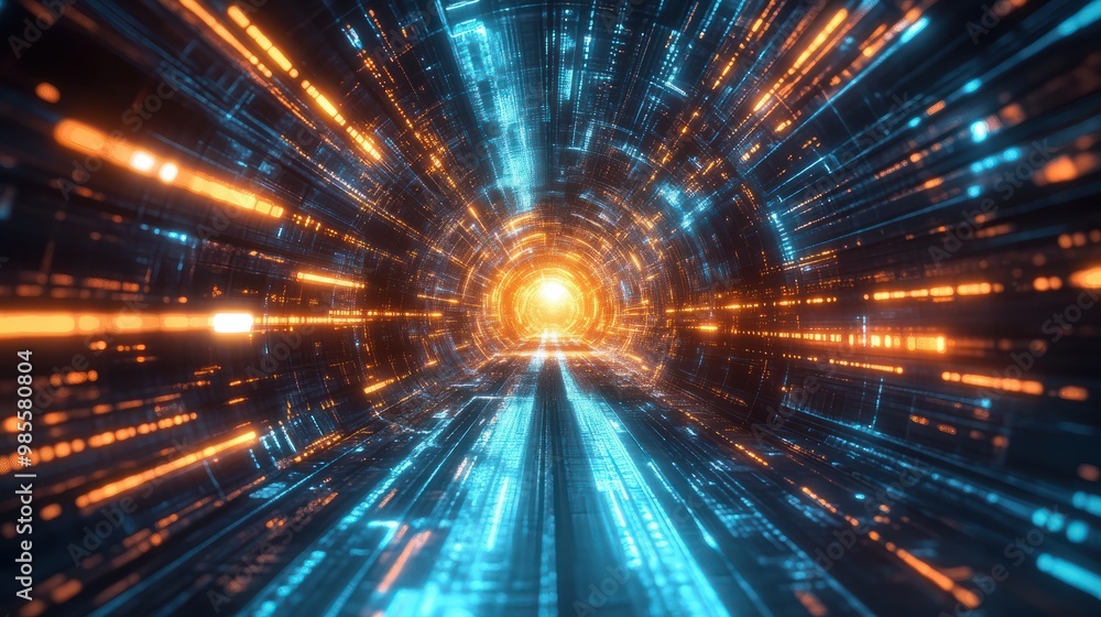 Poster digital technology background with blue and orange lights, glowing digital data streams in the cente
