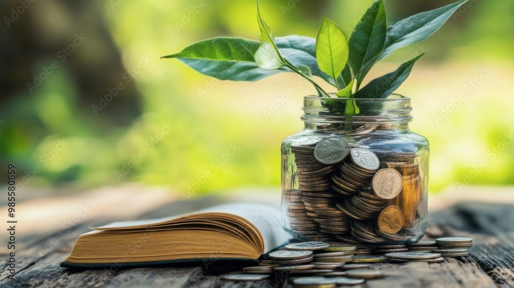 Poster a jar full of coins sits on a table next to an open book