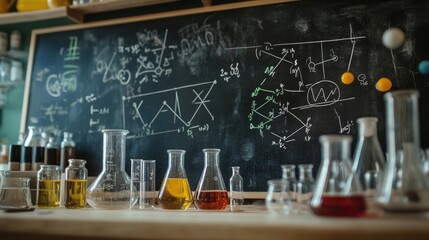A chalkboard filled with complex chemical equations and molecular diagrams, surrounded by lab glassware.