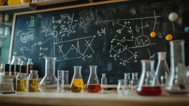 A chalkboard filled with complex chemical equations and molecular diagrams, surrounded by lab glassware.