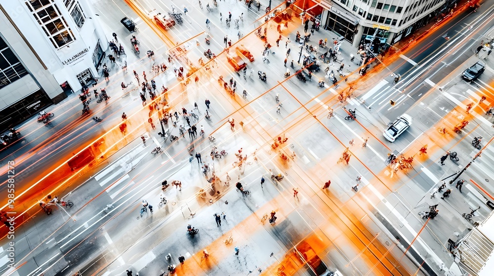 Poster crowded city intersection with dynamic movement