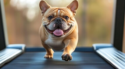 A chunky dog barely jogging on a treadmill, tongue hanging out as it looks tired but determined. Funny fitness concept.