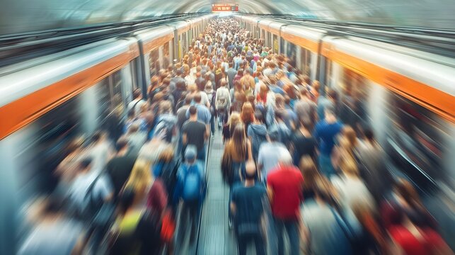 Crowded subway station with blurred motion.