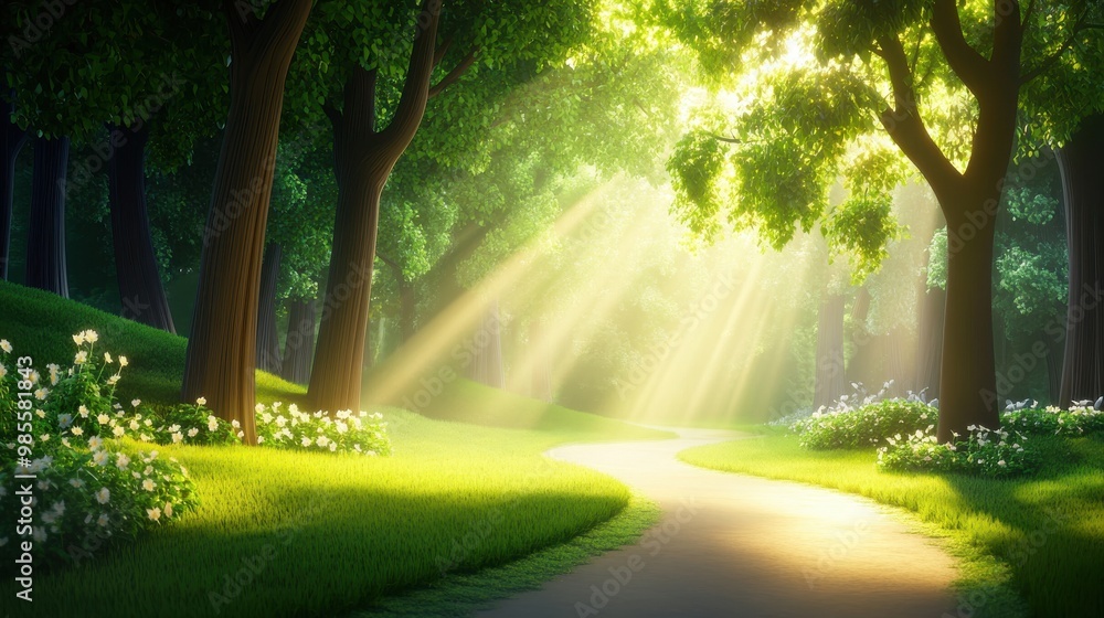 Poster enchanting green forest path with sunlight streaming through the trees, providing a captivating and 